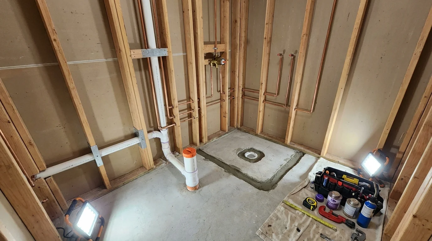 Bathroom rough-in plumbing during remodel by Johns Plumbing LLC in Saint Martinville