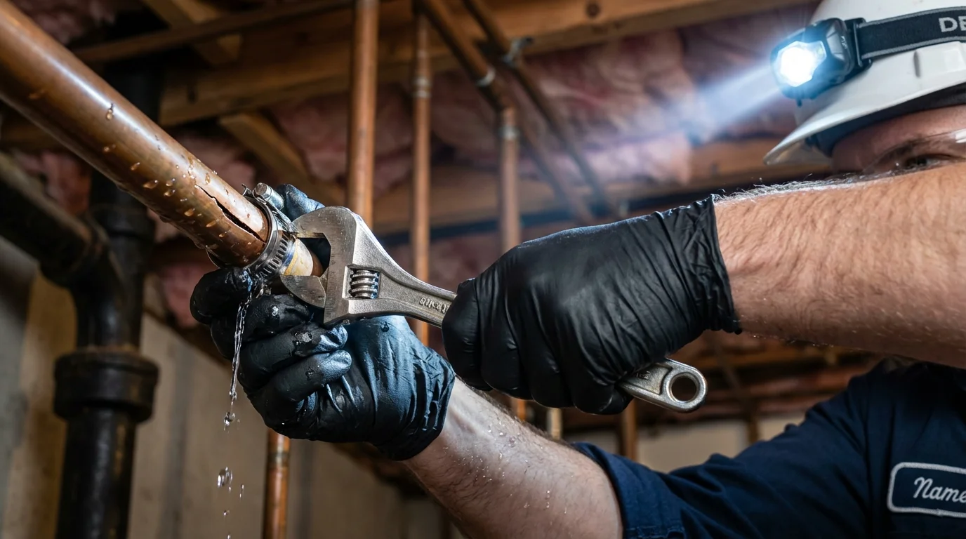 Emergency pipe clamp repair being performed by a Johns Plumbing LLC plumber in Saint Martinville