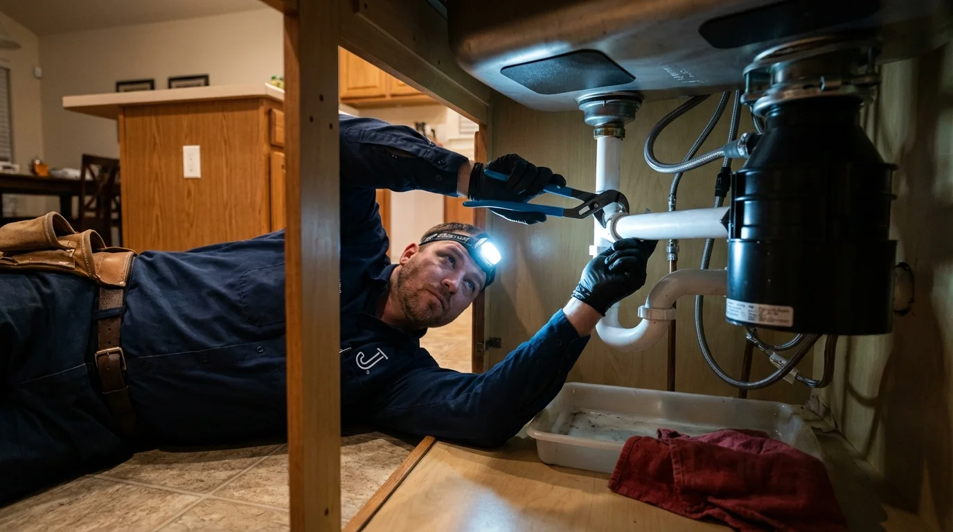 P-trap and supply line connections under a kitchen sink showing a common leak point in Saint Martinville, LA